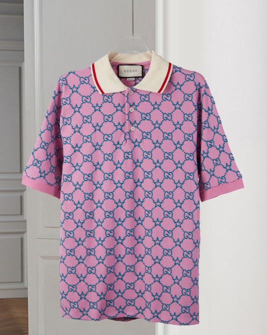 GUCCI || GG Logo Embroidered Polo T-Shirt For Men / Pink - FASHION MYST 