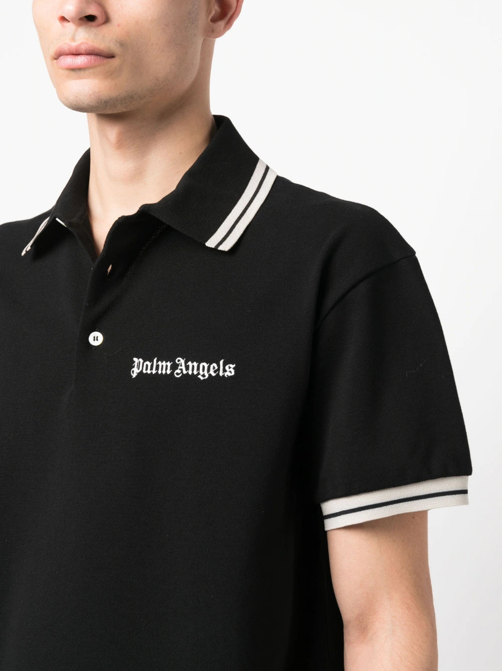 PALM ANGELS || Collar Stripe Logo-Print Cotton Polo T-Shirt - FASHION MYST 