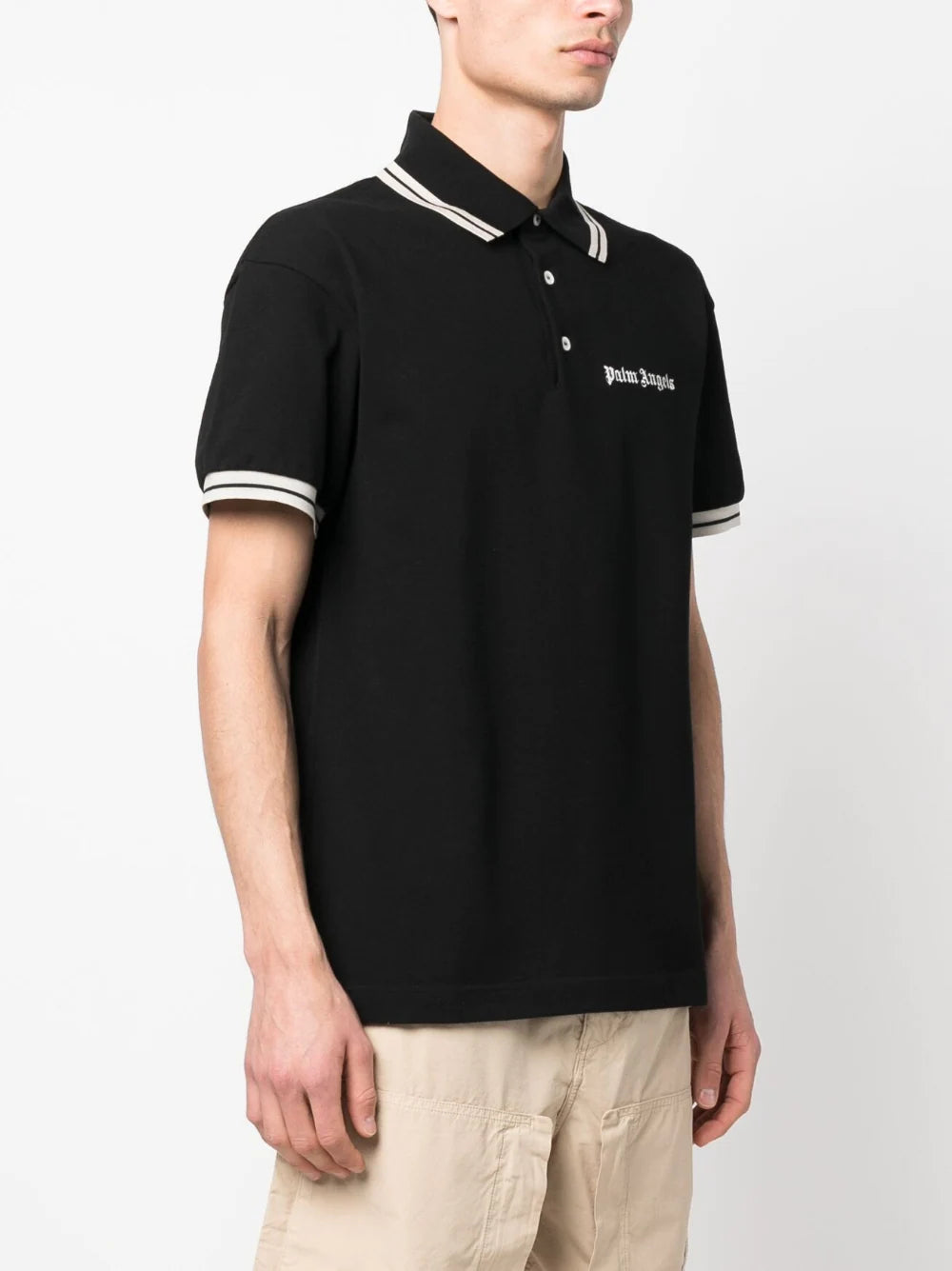 PALM ANGELS || Collar Stripe Logo-Print Cotton Polo T-Shirt - FASHION MYST 