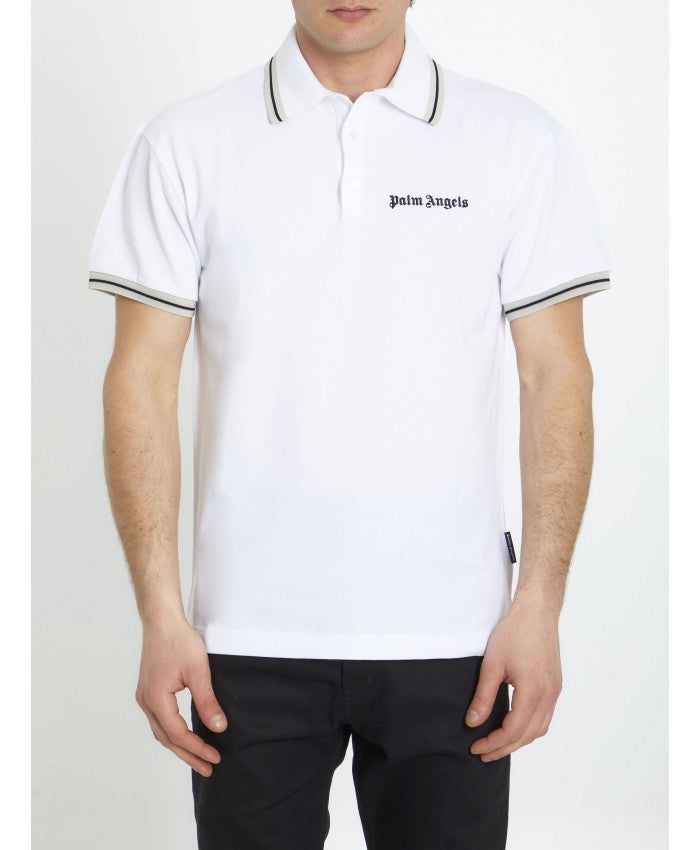 PALM ANGELS || Collar Stripe Logo-Print Cotton Polo T-Shirt - FASHION MYST 