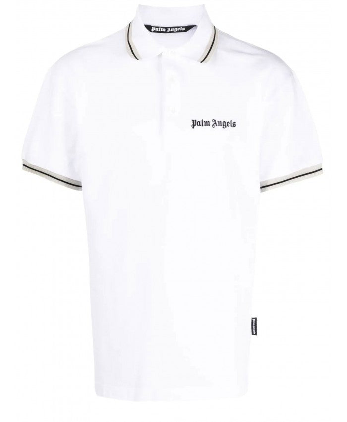 PALM ANGELS || Collar Stripe Logo-Print Cotton Polo T-Shirt - FASHION MYST 