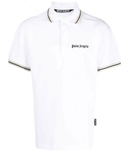 PALM ANGELS || Collar Stripe Logo-Print Cotton Polo T-Shirt - FASHION MYST 