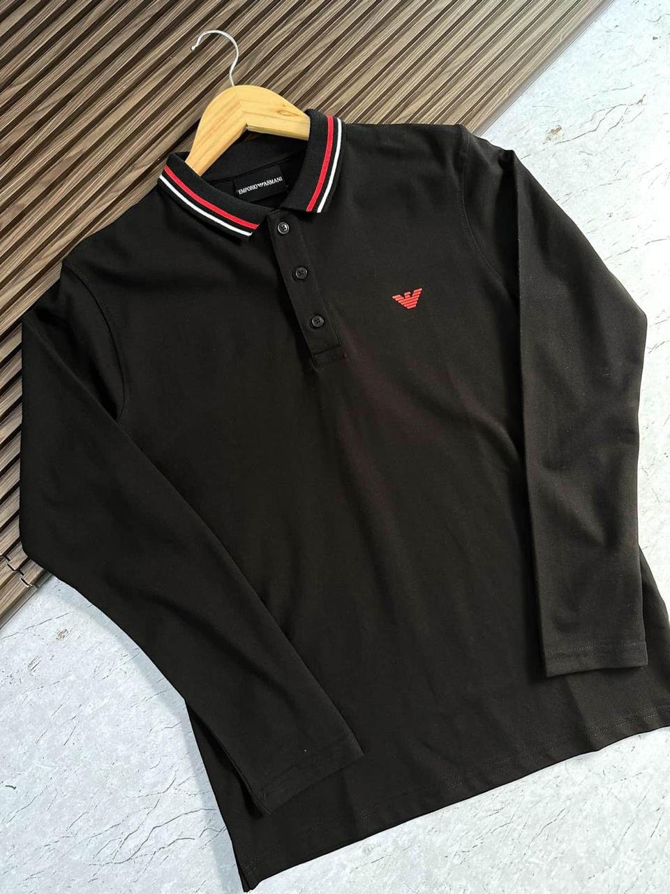 EMP*RIO ARM*NI || Long-Sleeved Stretch Piqué Polo T-Shirt With Micro Eagle Embroidery Logo - FASHION MYST 