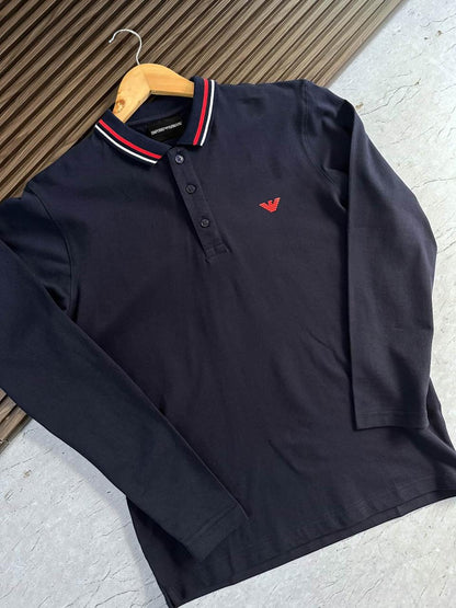 EMP*RIO ARM*NI || Long-Sleeved Stretch Piqué Polo T-Shirt With Micro Eagle Embroidery Logo - FASHION MYST 