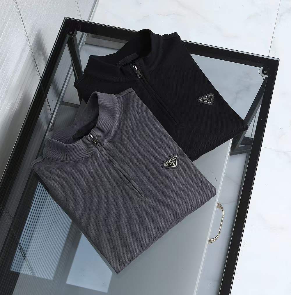 PRADA || Men's Black/Gray Nylon Long Sleeves Polo T-Shirt