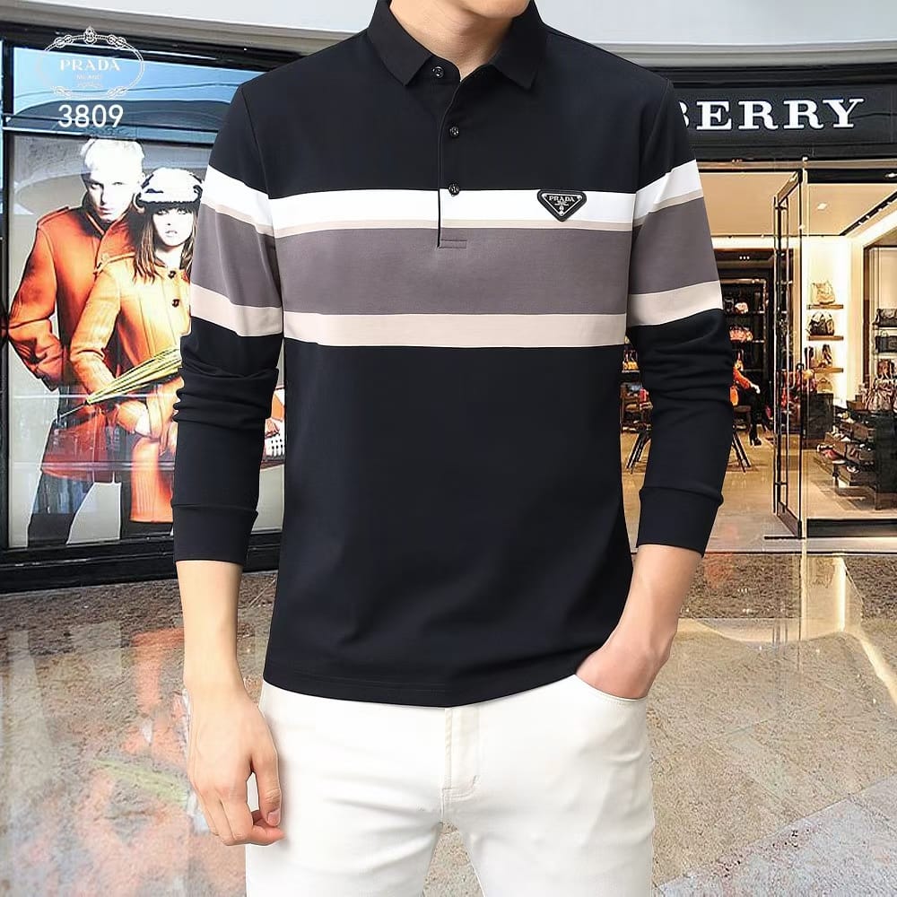 PRADA || Men's Long Sleeve Lapel Polo Shirt Korean Slim T-Shirt - FASHION MYST 