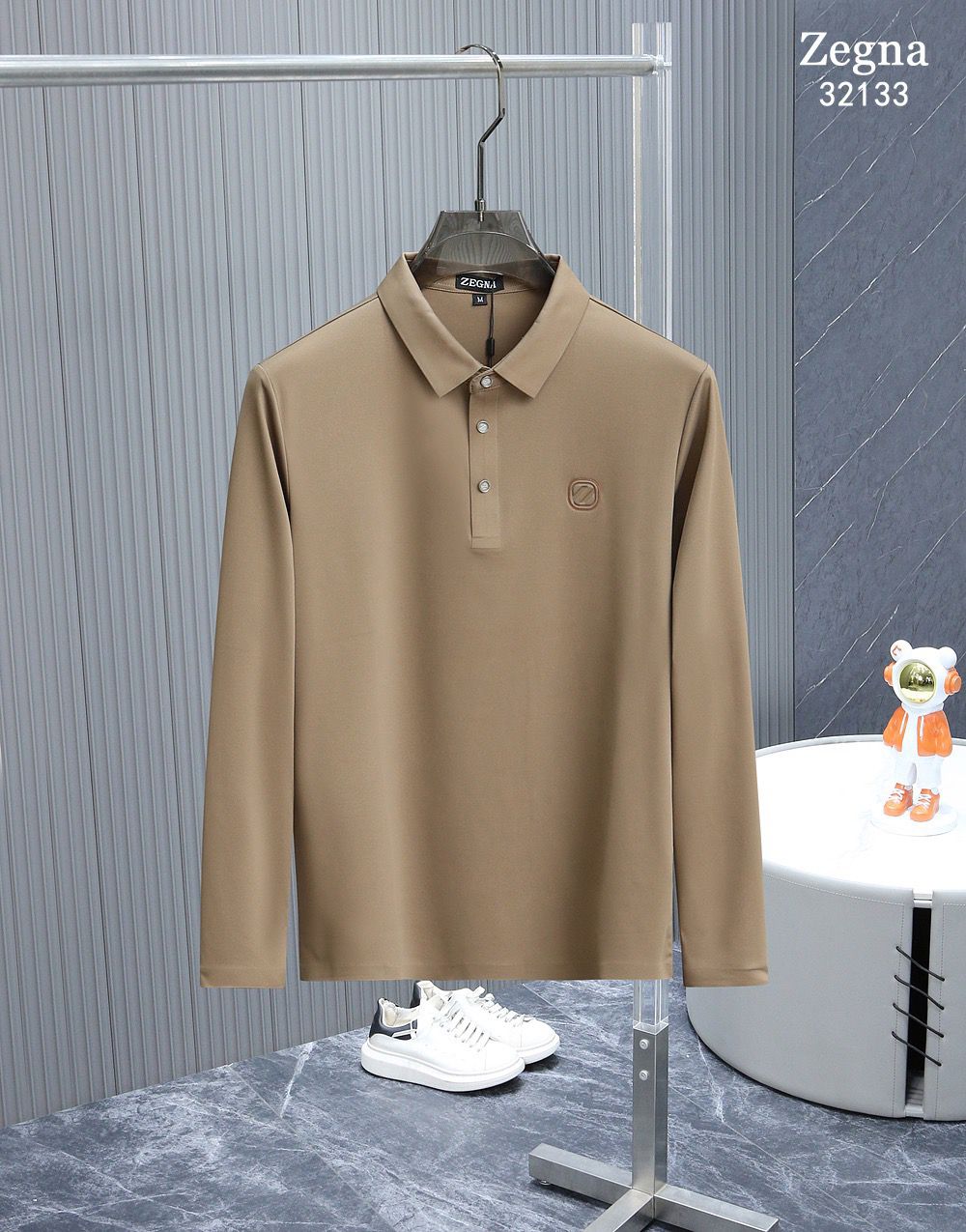 ZEGNA || Long-Sleeved Slim-Fit Polo T-Shirt With Logo Patch - FASHION MYST 