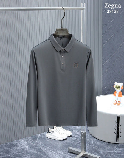 ZEGNA || Long-Sleeved Slim-Fit Polo T-Shirt With Logo Patch - FASHION MYST 