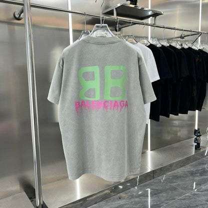 BALENCIAGA || GREEN BB LOGO OVERSIZE GREY T-SHIRT - FASHION MYST 