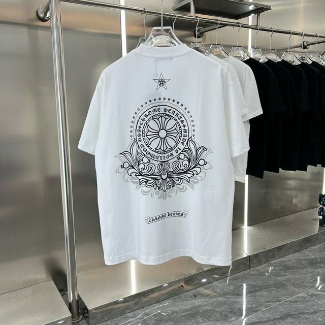 CHROME HEARTS || Metal Cross Horseshoe Drop Shoulder White T-Shirt Couple Style - FASHION MYST 