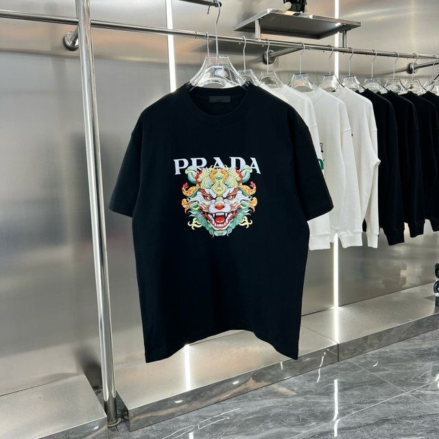 PRADA PREMIUM DRAGON LOGO PRINT BLACK T SHIRT FASHION MYST