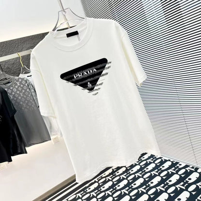 PRADA || STRIPED BIG LOGO T-SHIRT - WHITE - FASHION MYST 