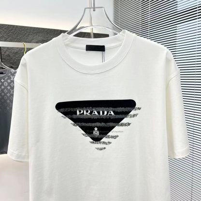 PRADA || STRIPED BIG LOGO T-SHIRT - WHITE - FASHION MYST 