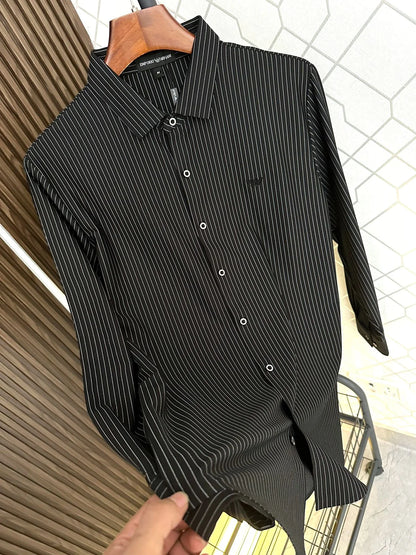 ARM*NI || White & Black Printed Stripe Slim Casual Shirt - FASHION MYST 