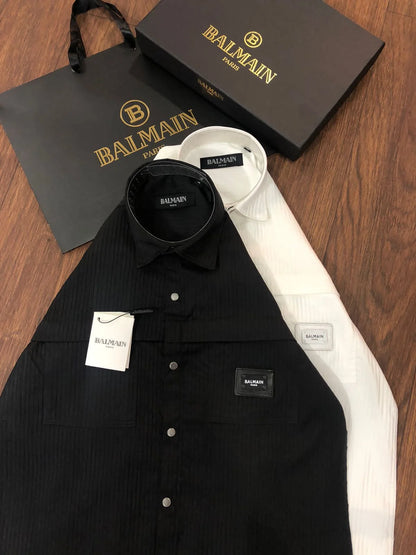 BALMAIN || Mens Metal Logo Regular Fit Solid Casual Shirt - FASHION MYST 