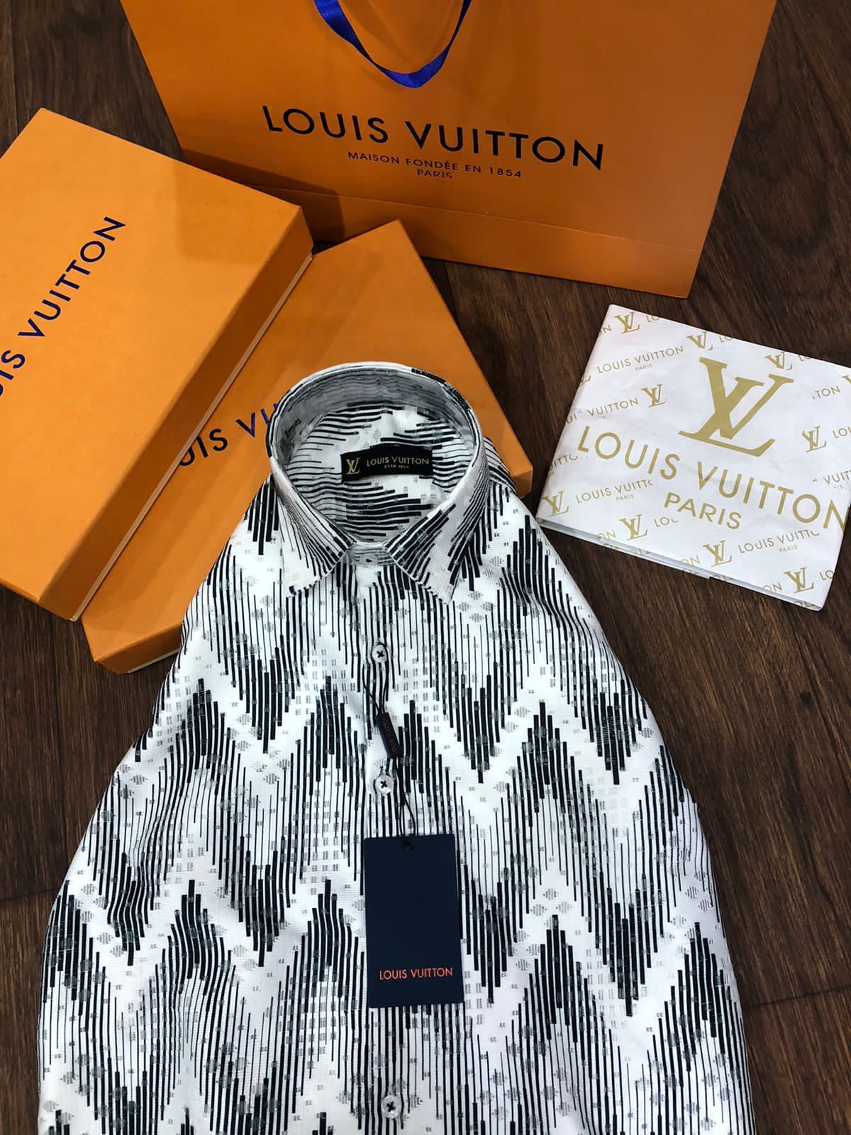 LOUIS VUITTON || Black & Grey Chevron Printed Full Sleeve Transparent Shirt - FASHION MYST 