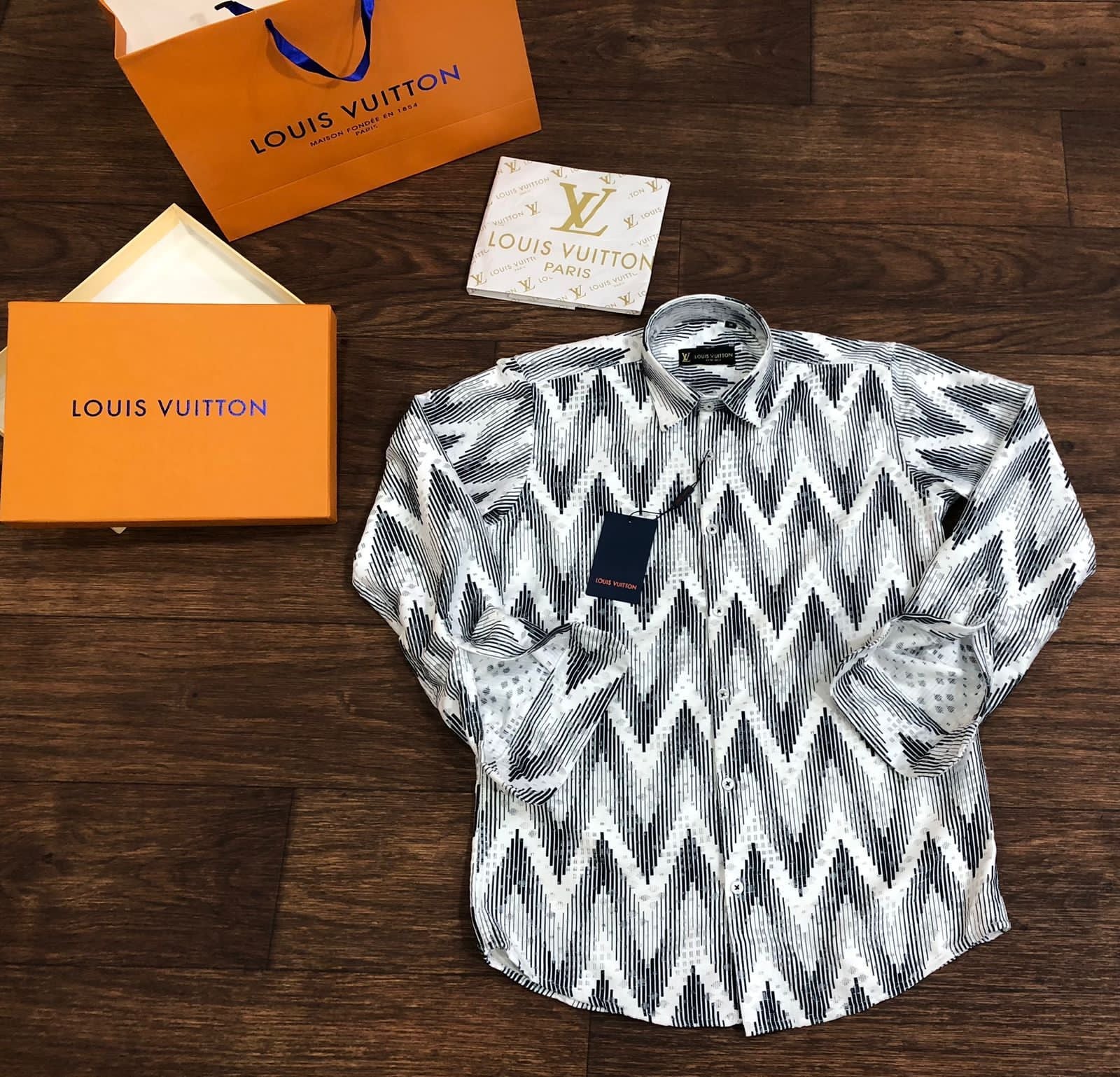 LOUIS VUITTON || Black & Grey Chevron Printed Full Sleeve Transparent Shirt - FASHION MYST 