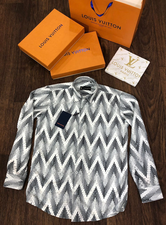 LOUIS VUITTON || Black & Grey Chevron Printed Full Sleeve Transparent Shirt - FASHION MYST 