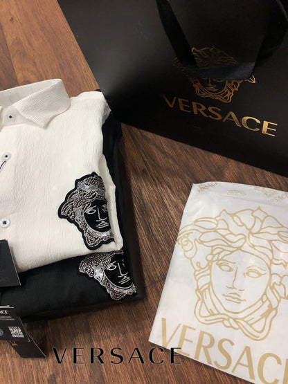 VERSACE || Medusa Logo Men Black/White Solid Long Sleeve Formal Shirts - FASHION MYST 