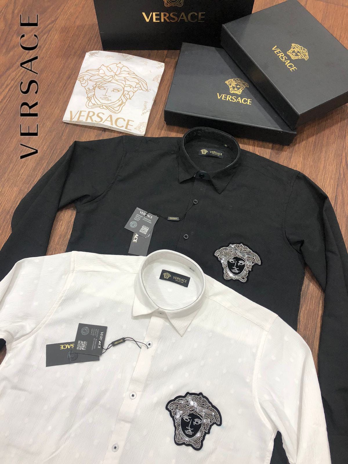 VERSACE || Medusa Logo Men Black/White Solid Long Sleeve Formal Shirts - FASHION MYST 