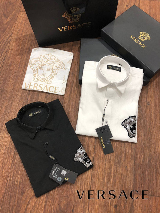 VERSACE || Medusa Logo Men Black/White Solid Long Sleeve Formal Shirts - FASHION MYST 