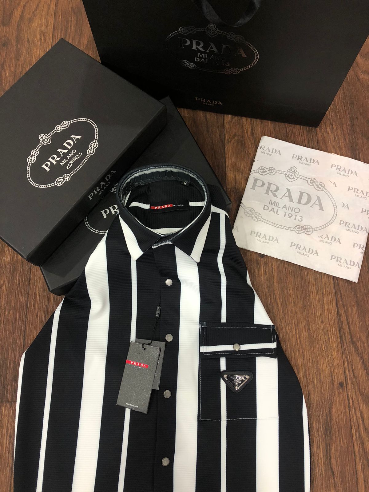 PRADA || X Maluma Striped Oversized Band-collar Shirt In Noir Blanc - FASHION MYST 