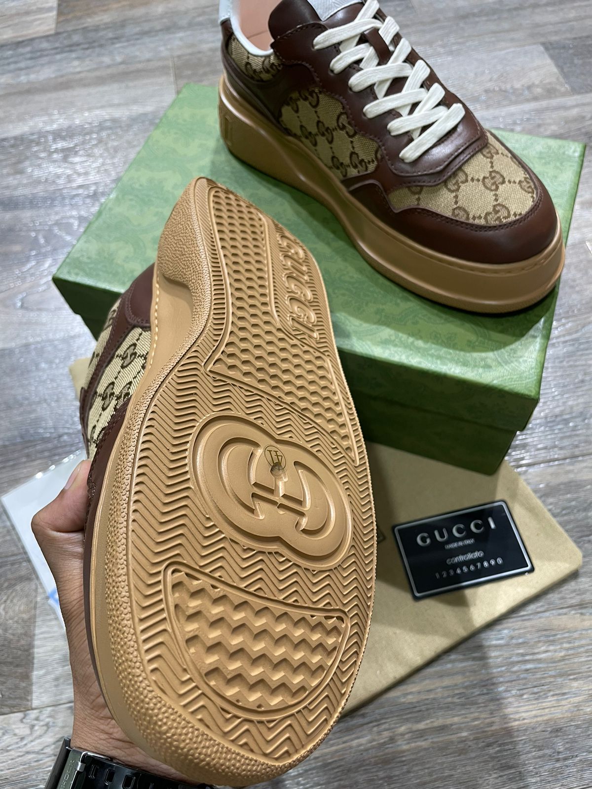 GUCCI || Mens Gucci brown Original GG Monogram Sneakers - FASHION MYST 