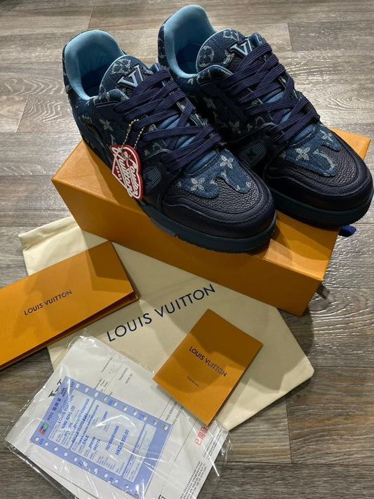 LOUIS VUITTON || Men's 9 US Nigo X Virgil Blue Monogram Denim Trainer Sneaker - FASHION MYST 