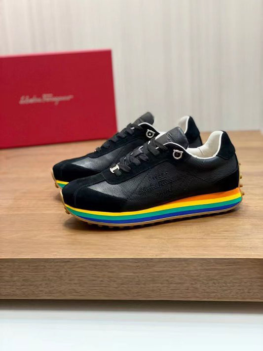 SALVATORE FERRAGAMO || Iggy Rainbow-heel Retro Trainers In Black - FASHION MYST 