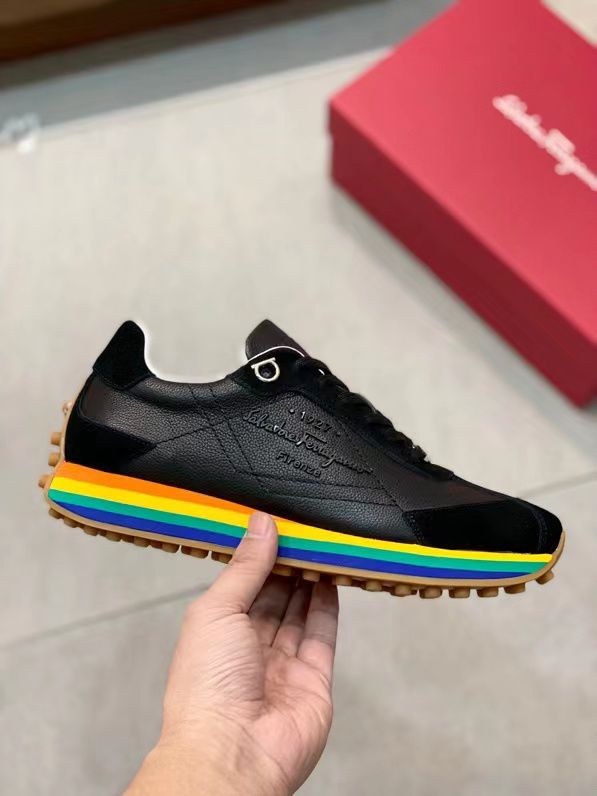 SALVATORE FERRAGAMO || Iggy Rainbow-heel Retro Trainers In Black - FASHION MYST 