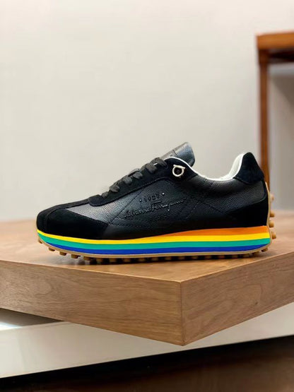 SALVATORE FERRAGAMO || Iggy Rainbow-heel Retro Trainers In Black - FASHION MYST 