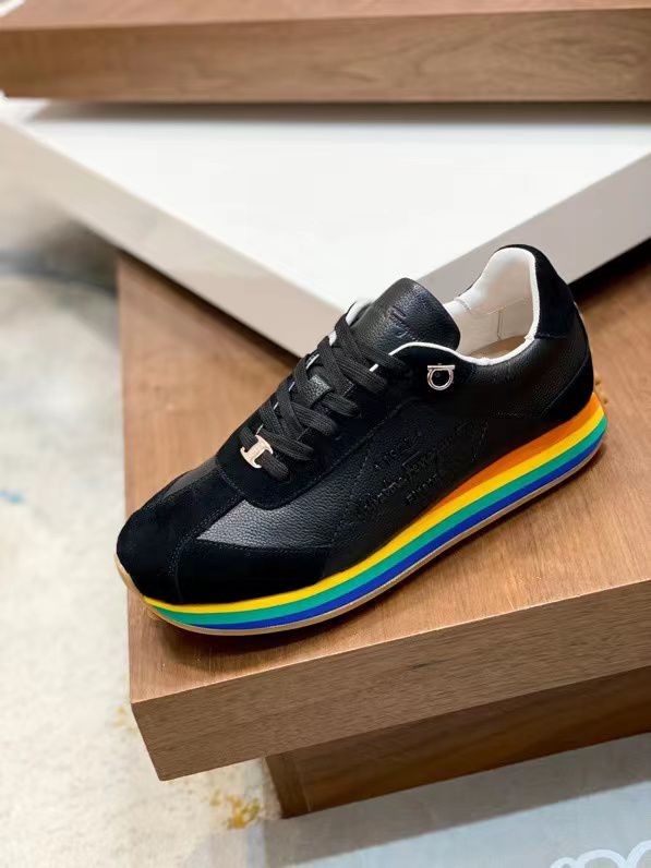 SALVATORE FERRAGAMO || Iggy Rainbow-heel Retro Trainers In Black - FASHION MYST 