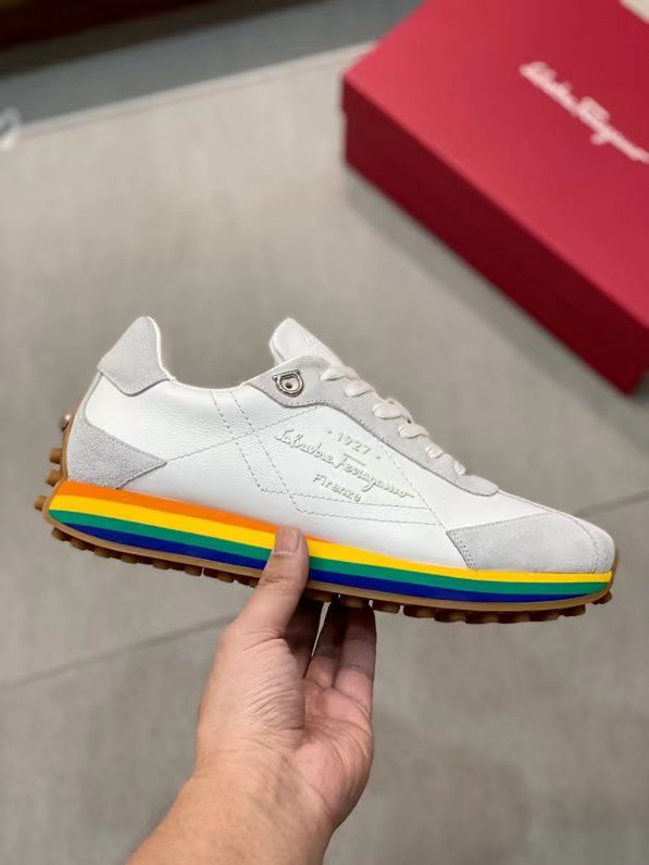 SALVATORE FERRAGAMO || Iggy Rainbow-heel Retro Trainers In White - FASHION MYST 