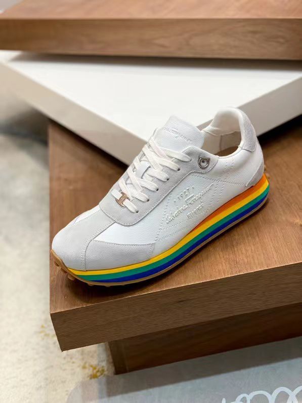 SALVATORE FERRAGAMO || Iggy Rainbow-heel Retro Trainers In White - FASHION MYST 