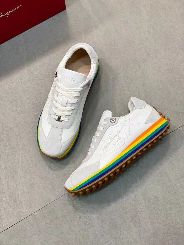 SALVATORE FERRAGAMO || Iggy Rainbow-heel Retro Trainers In White - FASHION MYST 