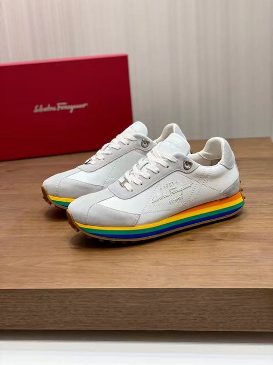 SALVATORE FERRAGAMO || Iggy Rainbow-heel Retro Trainers In White - FASHION MYST 