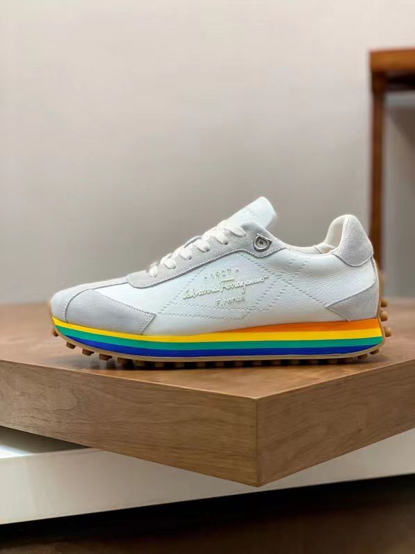 SALVATORE FERRAGAMO || Iggy Rainbow-heel Retro Trainers In White - FASHION MYST 