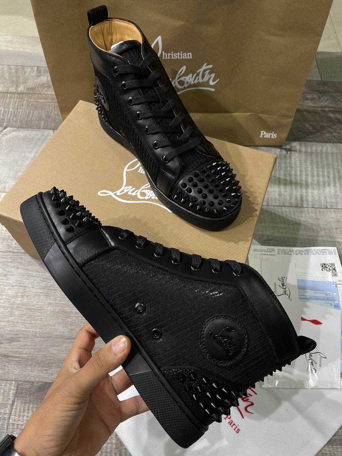 Lou Spikes Orlato Studded Leather and Mesh High-Top Sneakers - FASHION MYST 