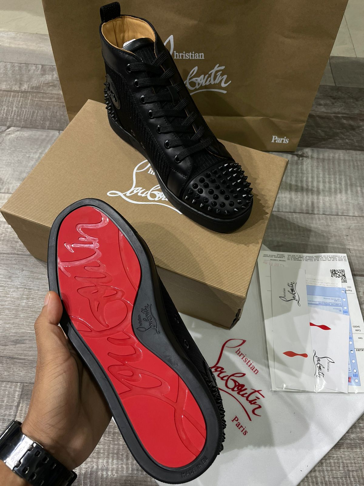 CHRISTIAN LOUBOUTIN || Lou Spikes Orlato Studded Leather and Mesh 