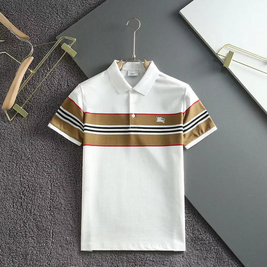 BURBERRY || Mens Striped Cotton Blend Polo Collar Half Sleeve Casual T-Shirt - FASHION MYST 