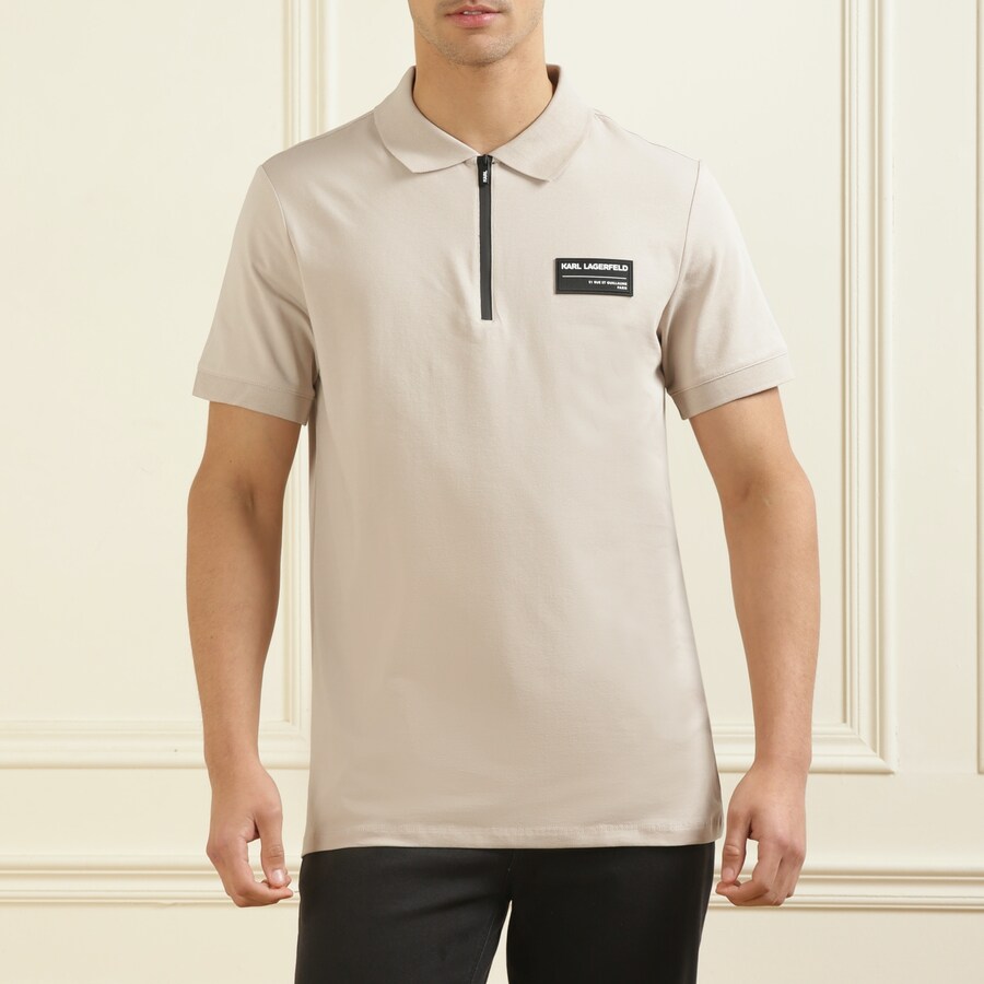 KARL LAGERFELD || Men Sand Chest Leather Patch Half-Zip Polo T-shirt - FASHION MYST 