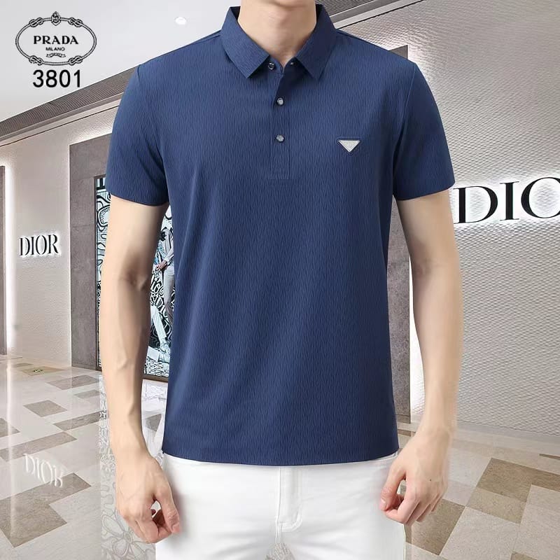 PRADA || Men Solid Polo Neck Chrushed Cotton Blend T-Shirt - FASHION MYST 