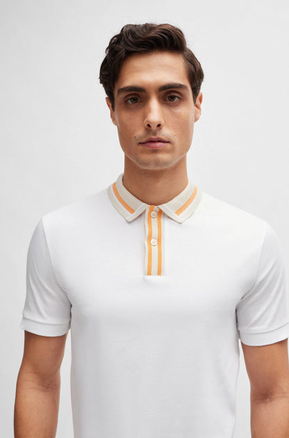 HUGO BOSS || Mercerised-Cotton Slim-Fit Polo T-Shirt With Contrast Stripes - FASHION MYST 