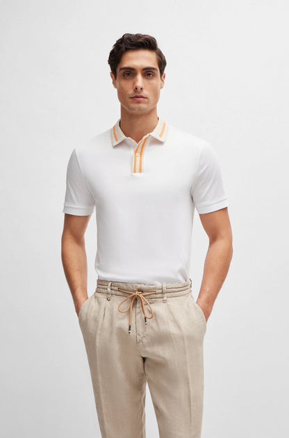 HUGO BOSS || Mercerised-Cotton Slim-Fit Polo T-Shirt With Contrast Stripes - FASHION MYST 