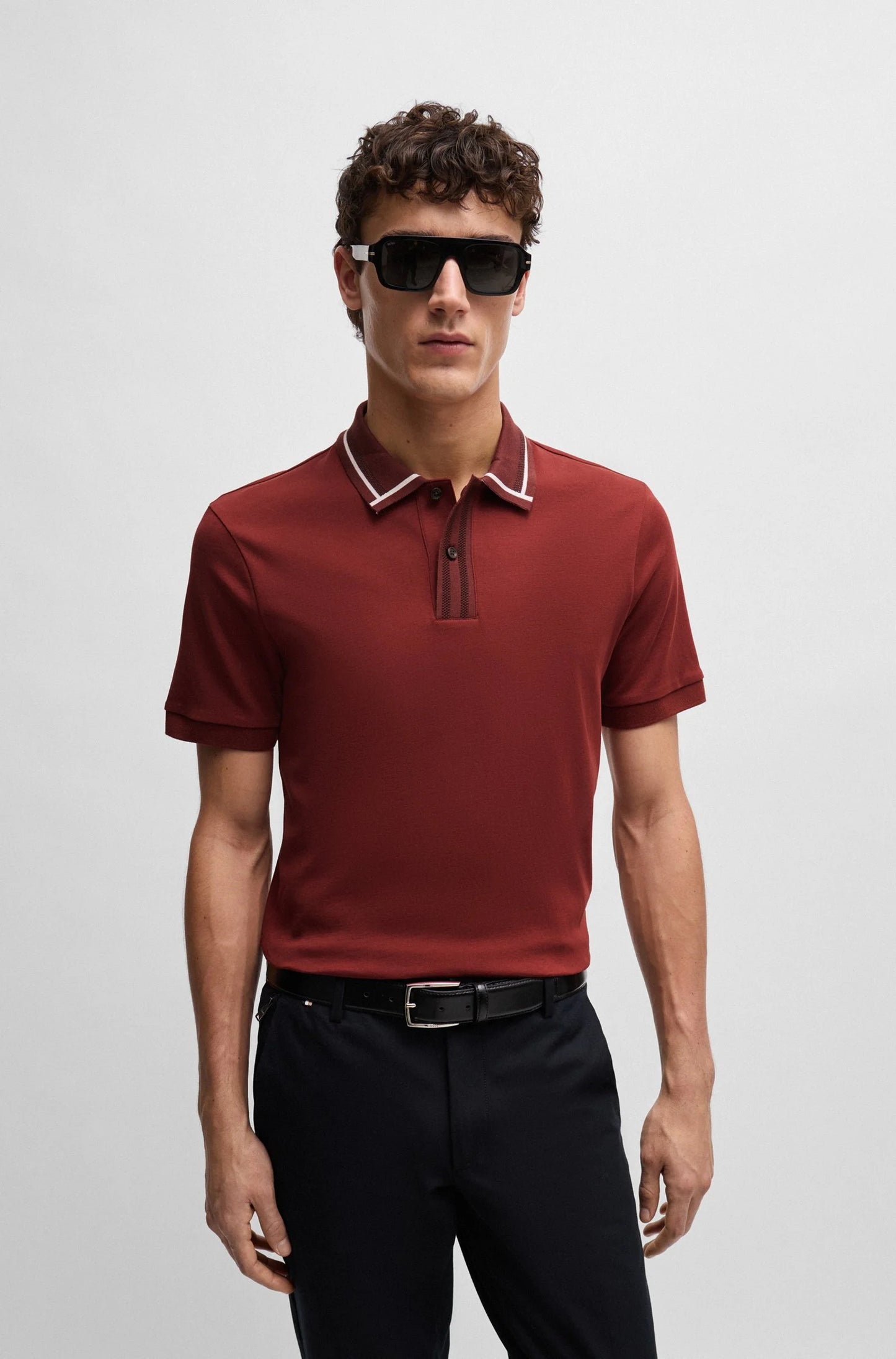 HUGO BOSS || Mercerised-Cotton Slim-Fit Polo T-Shirt With Contrast Stripes - FASHION MYST 