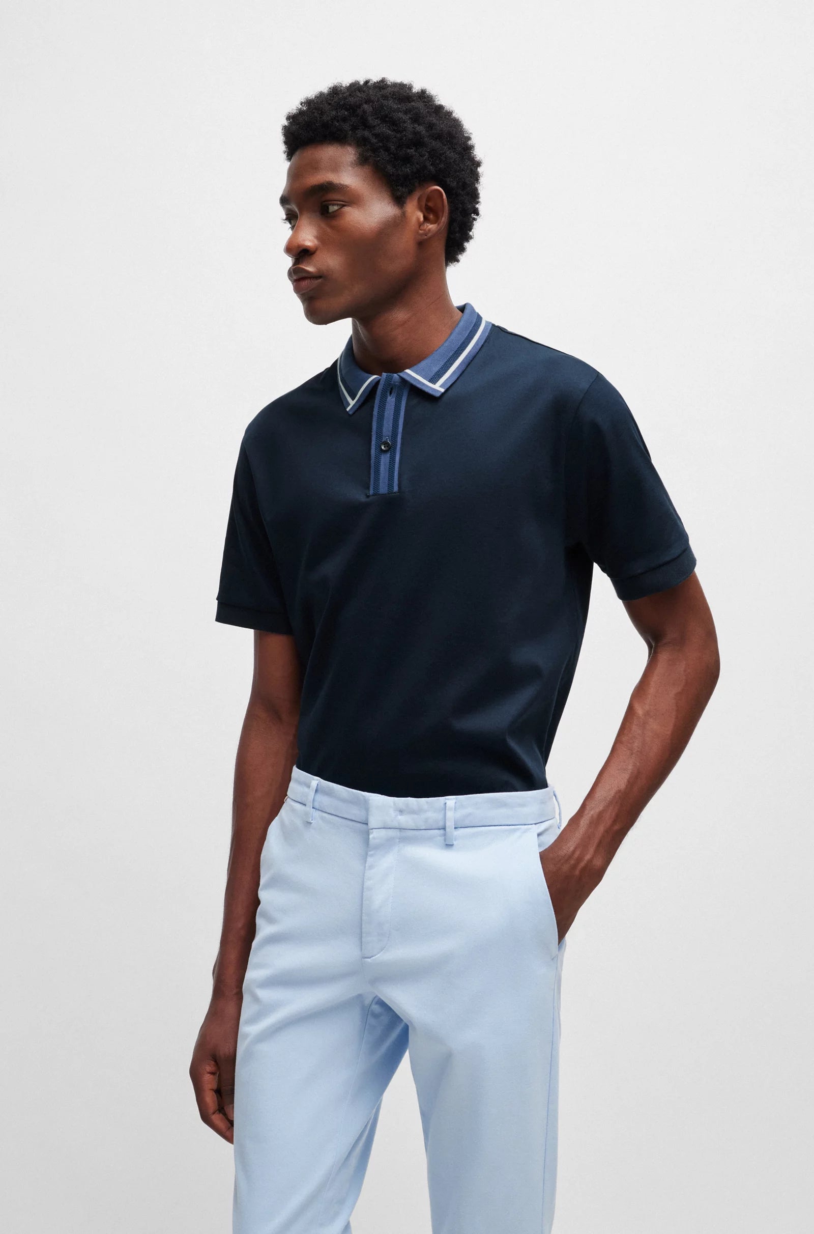 HUGO BOSS || Mercerised-Cotton Slim-Fit Polo T-Shirt With Contrast Stripes - FASHION MYST 