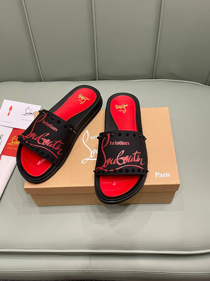 CHRISTIAN LOUBOUTIN || Loubi Flip Spikes Black/Red Slides – Luxury Men’s Rubber Sandals