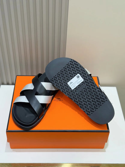 HERMES || Black and White Cross-Strap Sandals- FASHION MYST