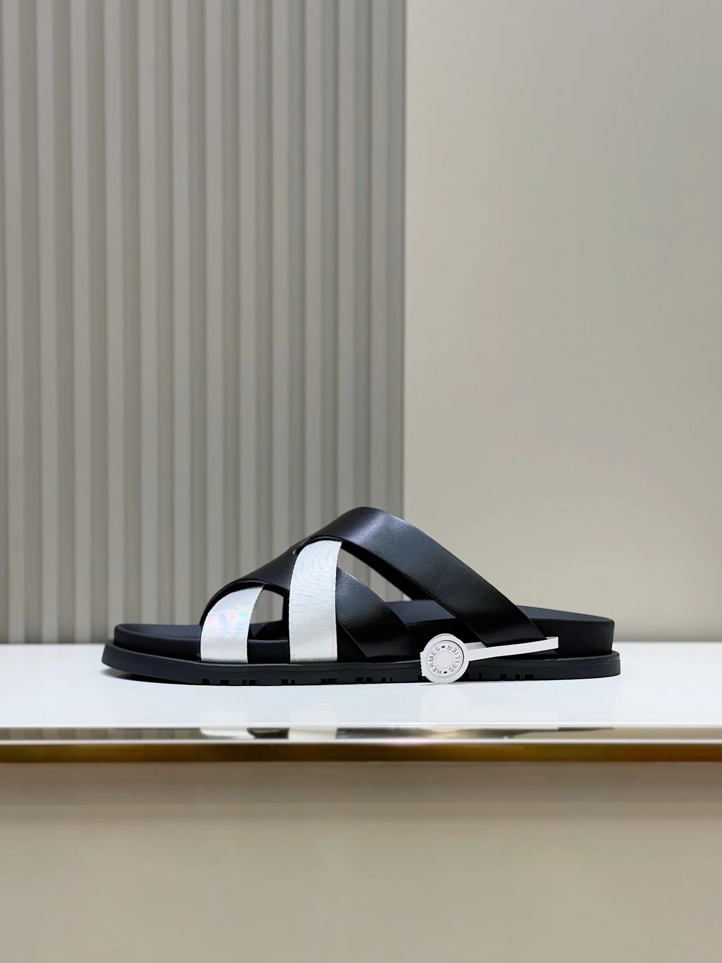 HERMES || Black and White Cross-Strap Sandals- FASHION MYST
