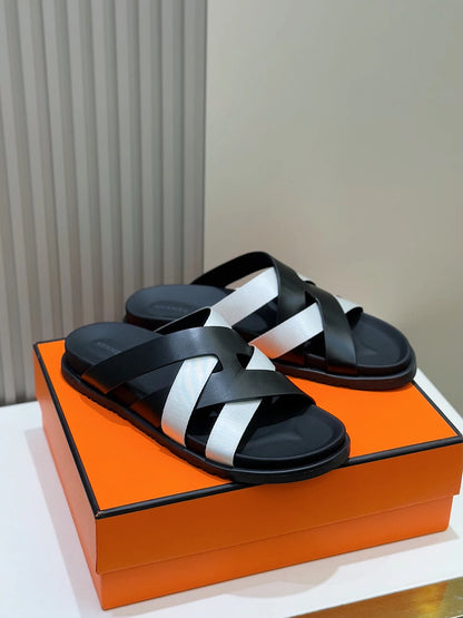 HERMES || Black and White Cross-Strap Sandals- FASHION MYST